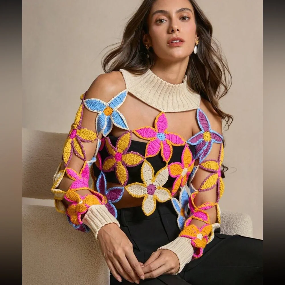 Floral crochet knit sweater mock turtleneck neck rainbow multicolor cropped NWT - Picture 1 of 6